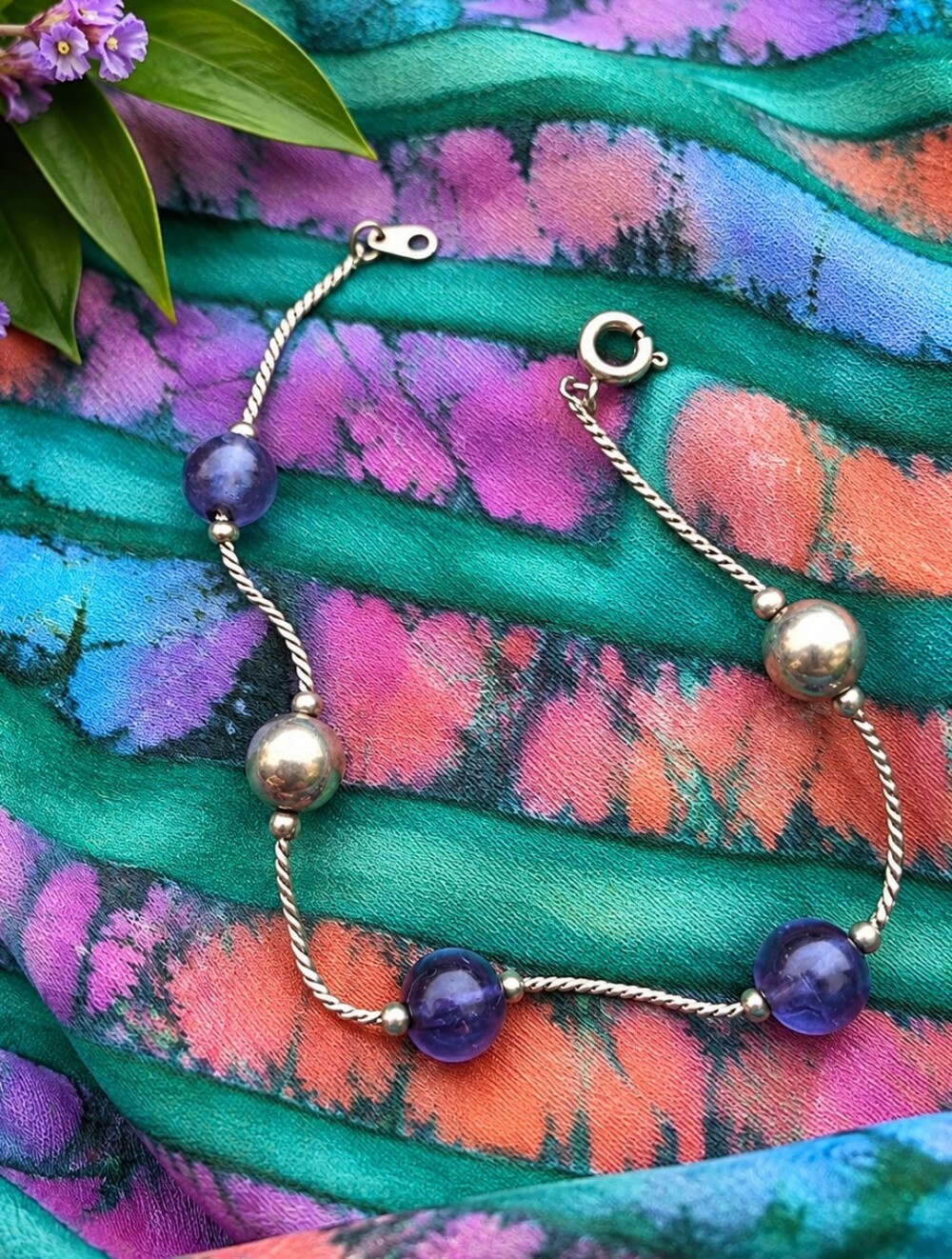 Vintage Art Deco Style Lavender Art Glass Silver Bracelet 7" Estate Jewelry